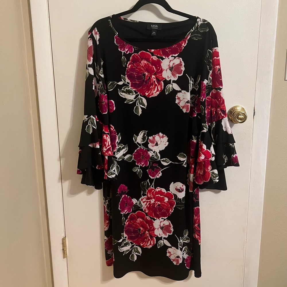 MSK Black and Red Floral Long Sleeve Dress